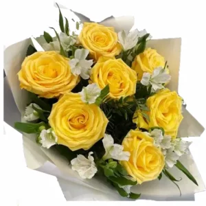 Ramo de 7 rosas amarillas y alstroemerias